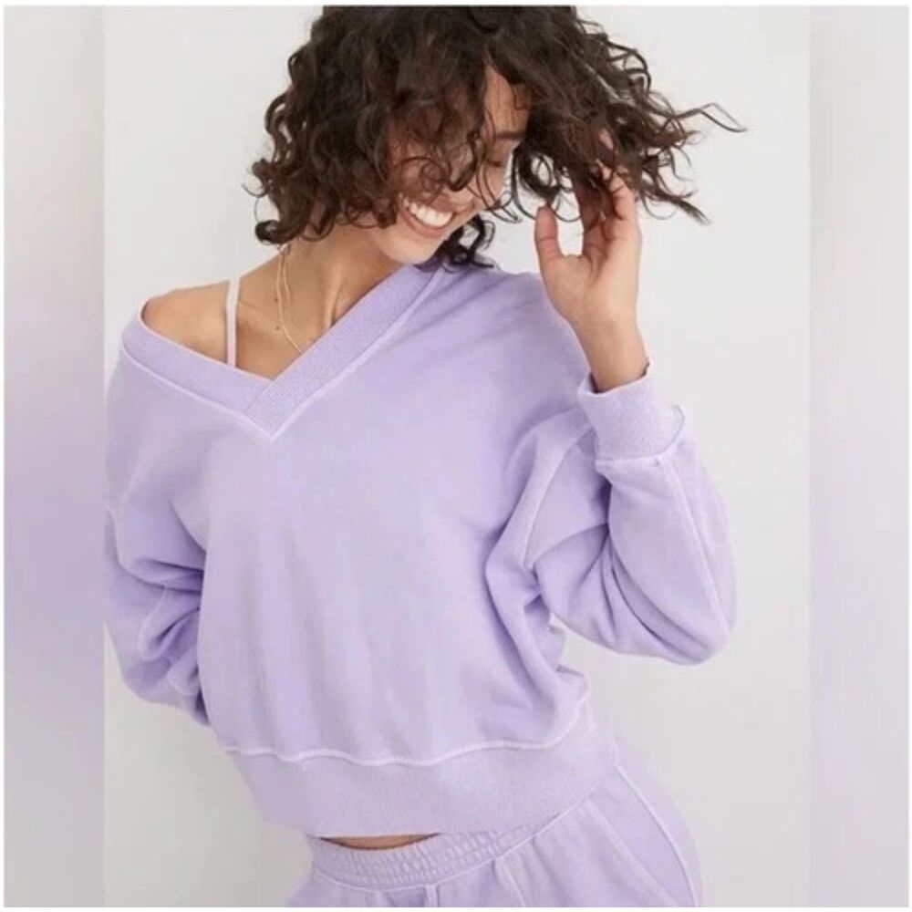 Aerie House Party Sweatshirt V Neck Oversized Lavender Purple Women sz Large